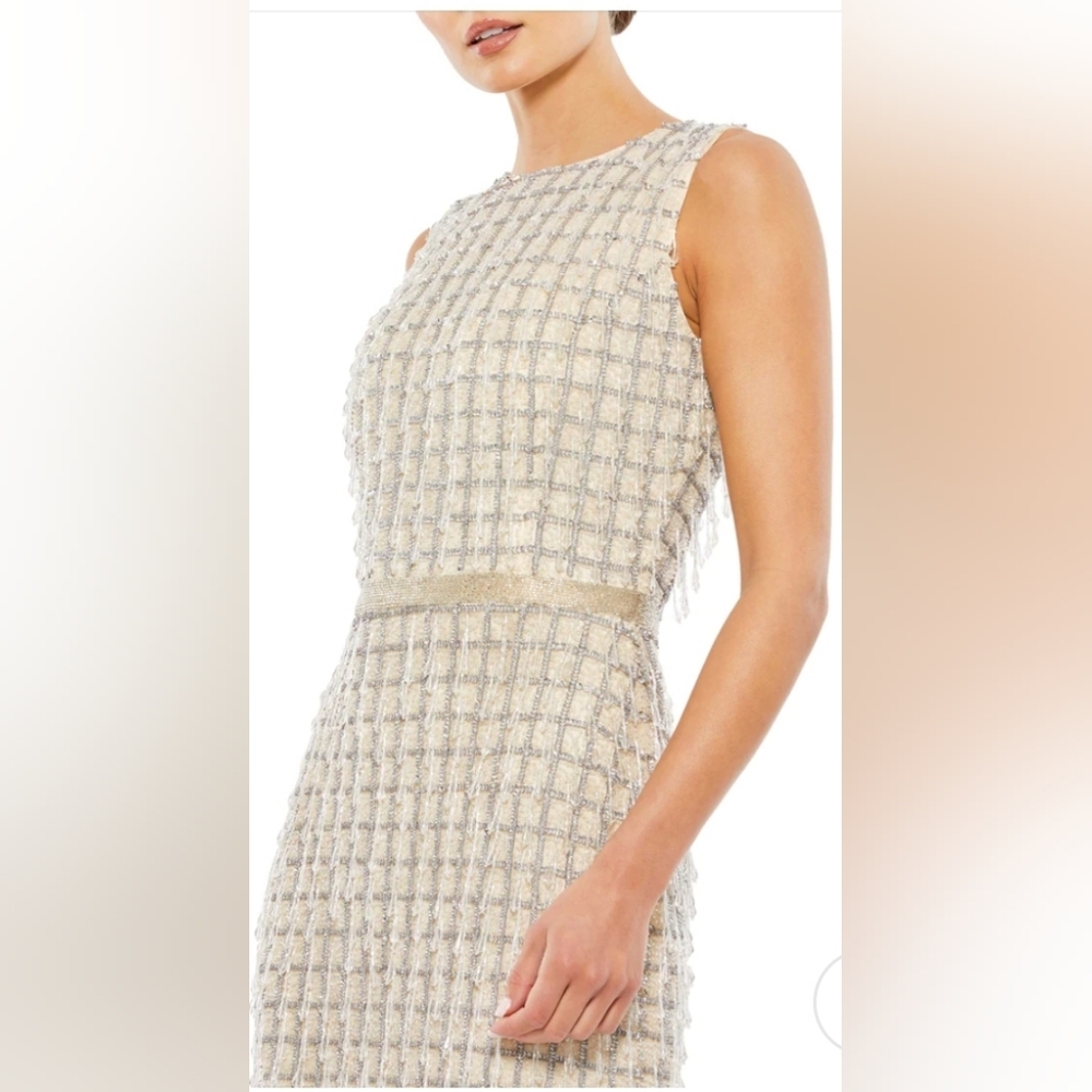 New MAC DUGGAL EMBELLISHED FRINGED MIDI SHEATH DRESS Size 16